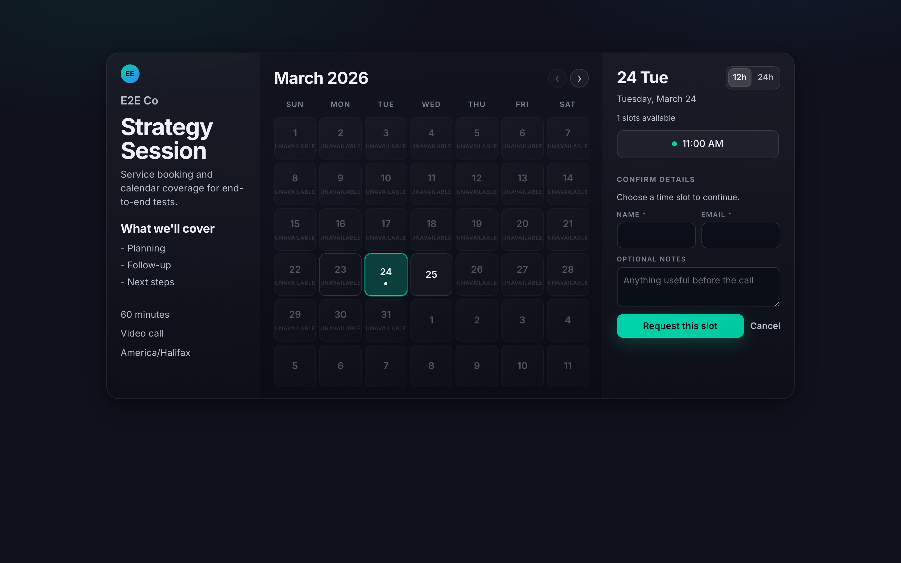 Public booking page with calendar and time slot selection