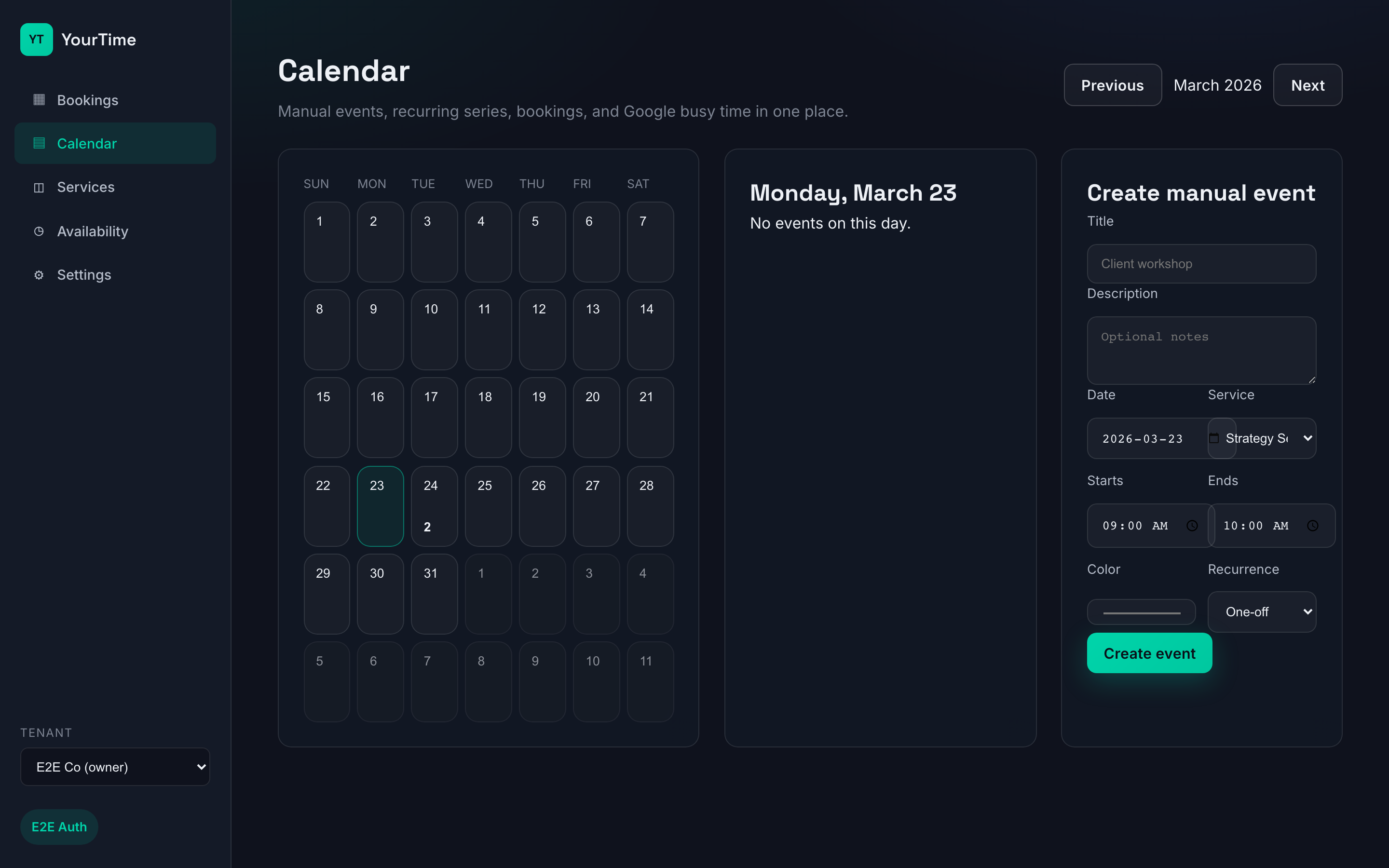 Admin calendar view with events, recurring series, and manual event creation